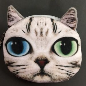 Plush 3D Cat Coin Purse. Blue and Green Eyes